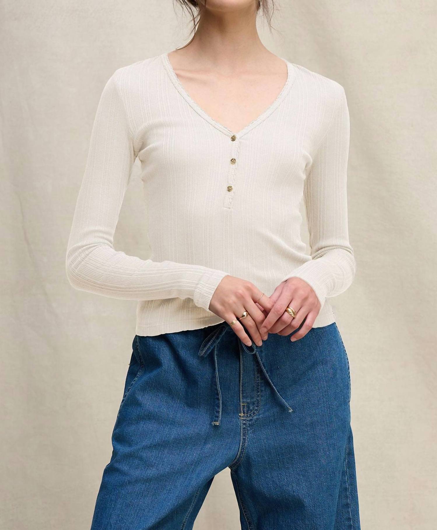 Velvet by Graham & Spencer Winona Pointelle Henley Top in ecru - women's long sleeve top