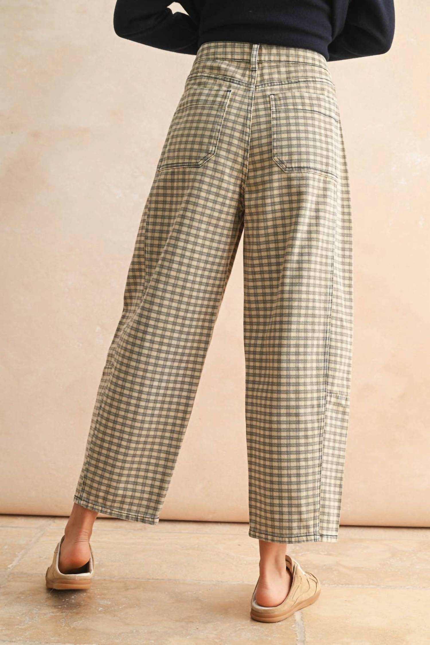 Miou Muse - Mini Checker Pattern Barrel Pants