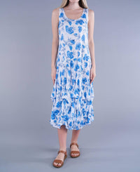 Shana Apparel - Floral Print Long Crinkle Tank Dress With Ties