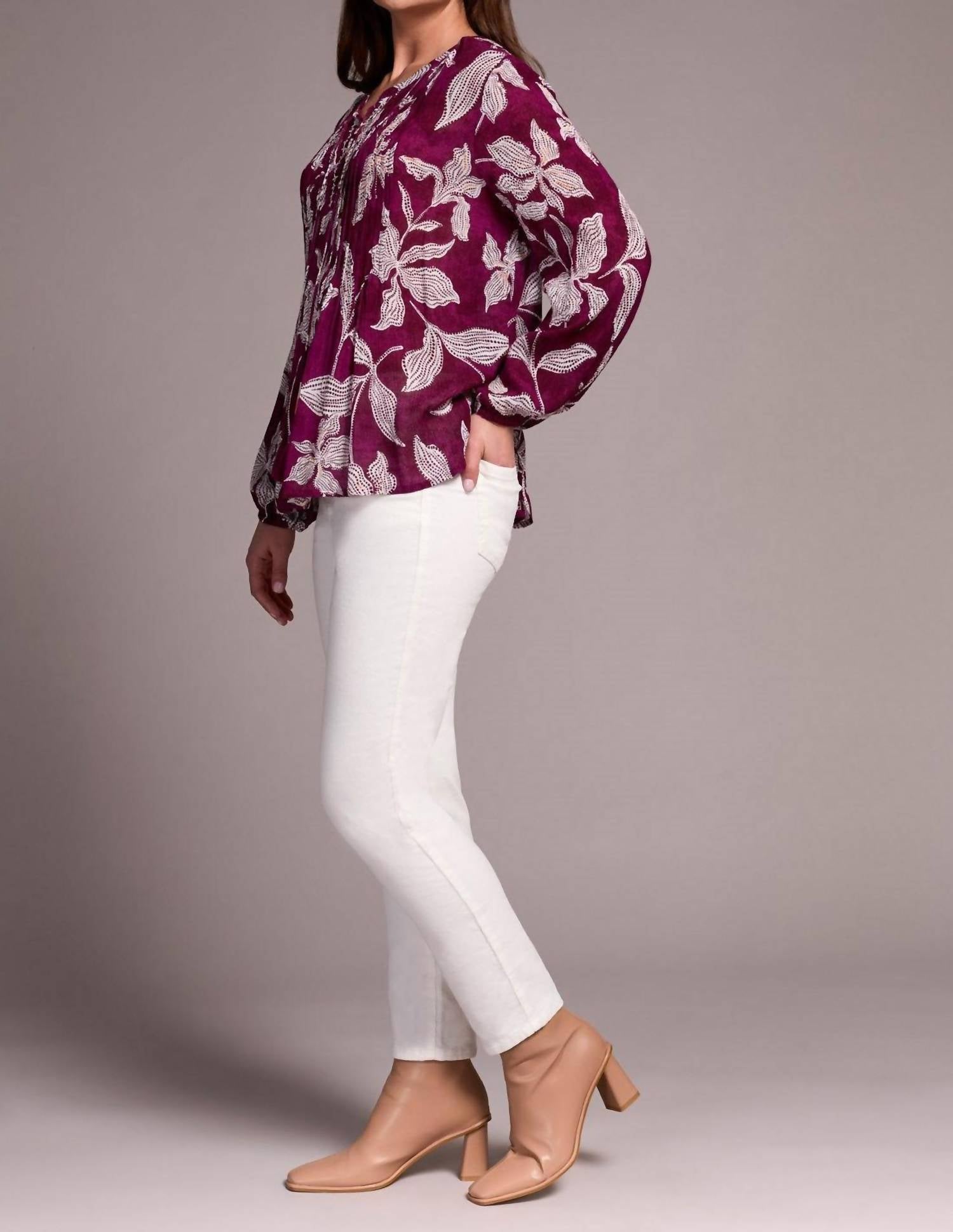 Tribal - Printed Jacquard Pintuck-front Blouse