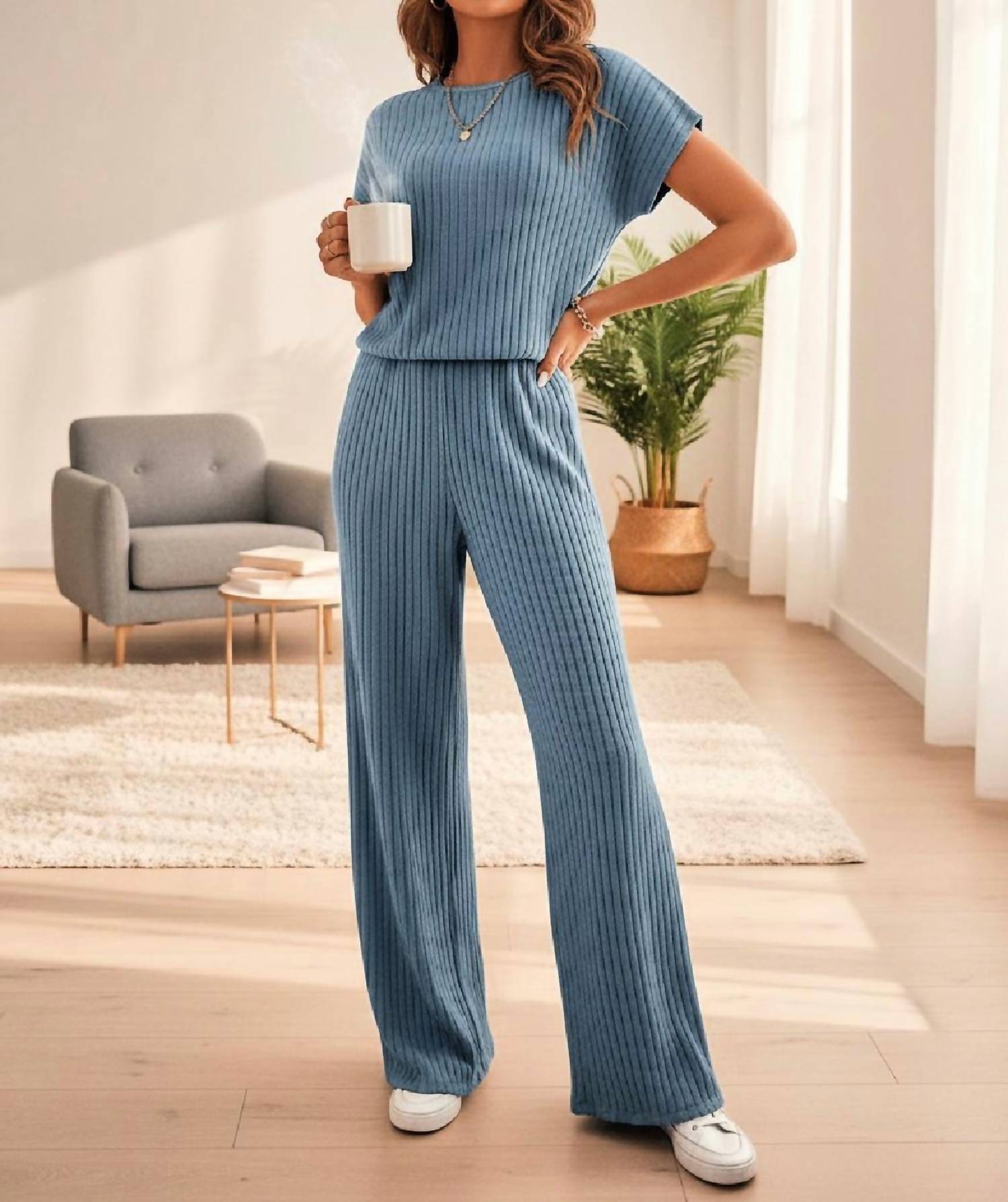 dear lover Ribbed Knit Short Sleeve Wide Leg Jumpsuit in blue - women's pants