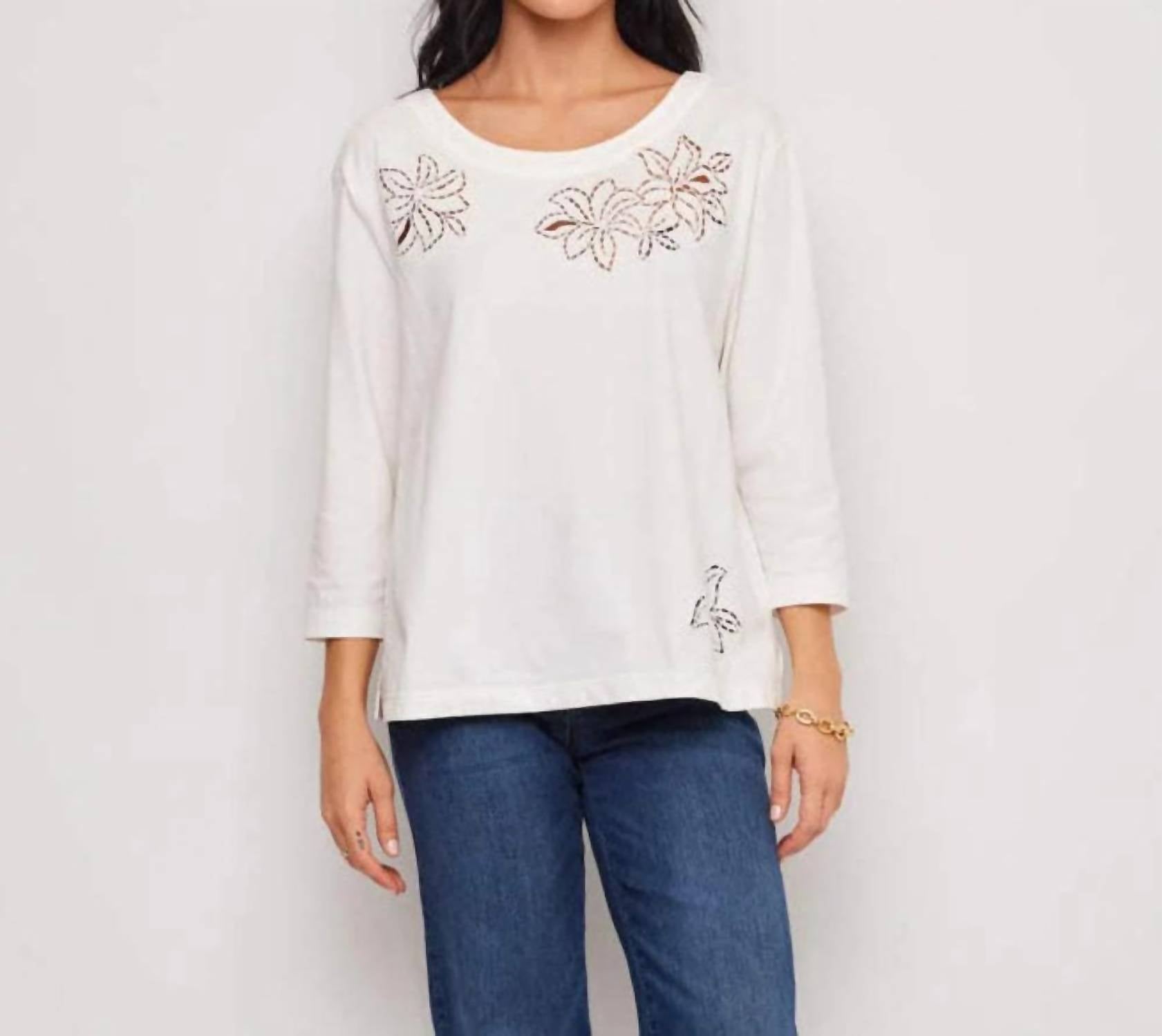 Karen Kane - 3/4 Sleeve Embroidered Cut-Out Boatneck Top