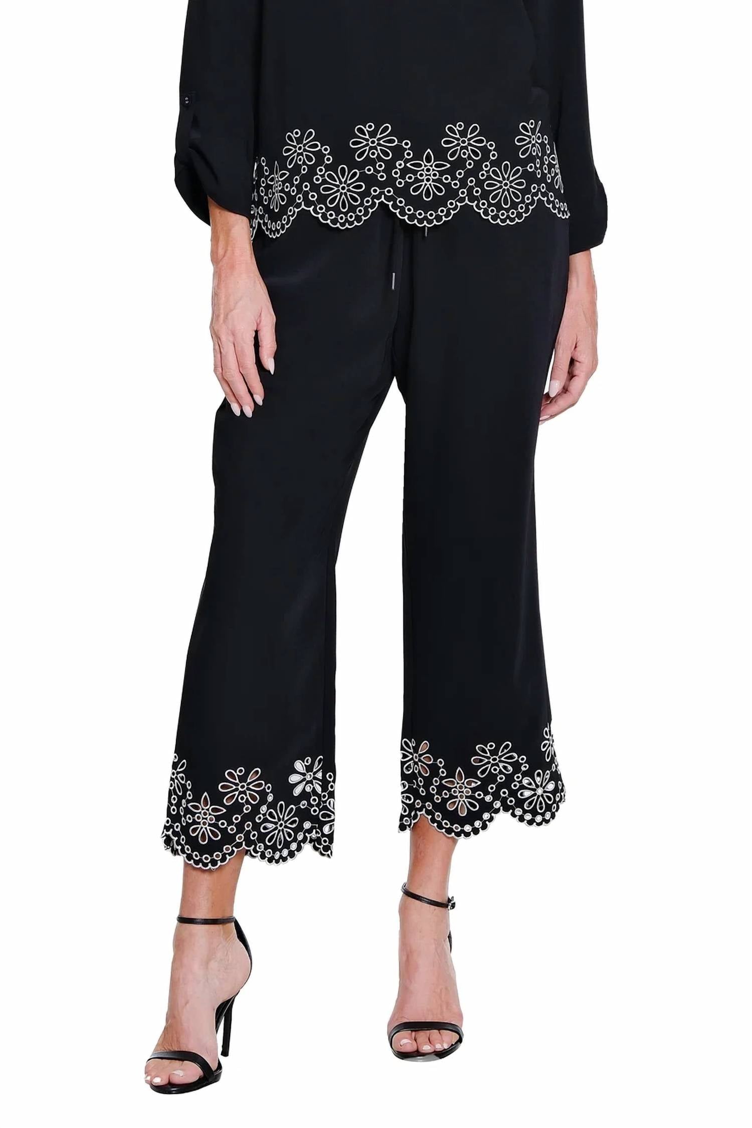 Multiples - Embroidered Hem Wide Leg Crop Pant