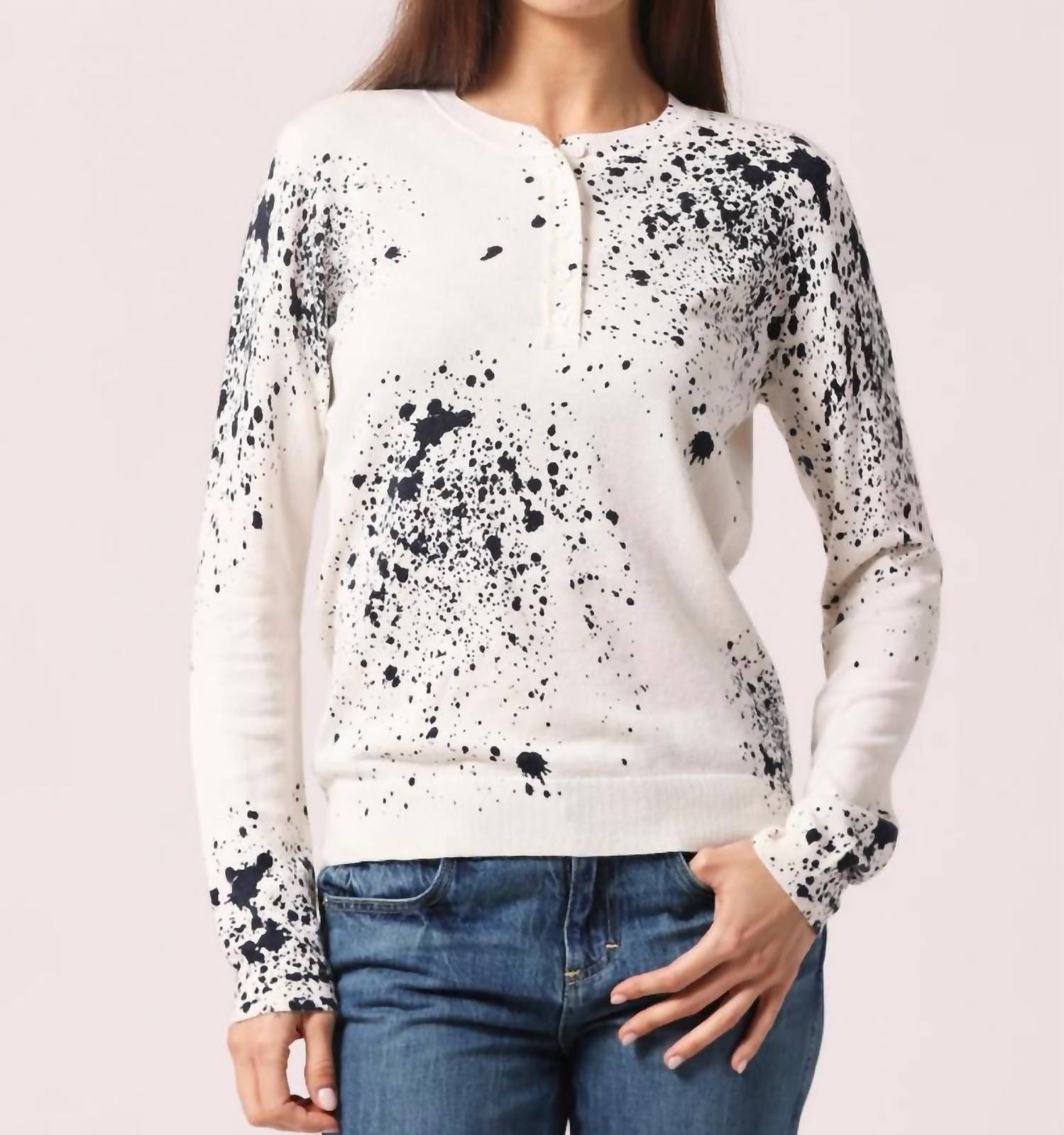 Minnie Rose - Supima Cotton Cashmere Paint Splatter Henley Sweater