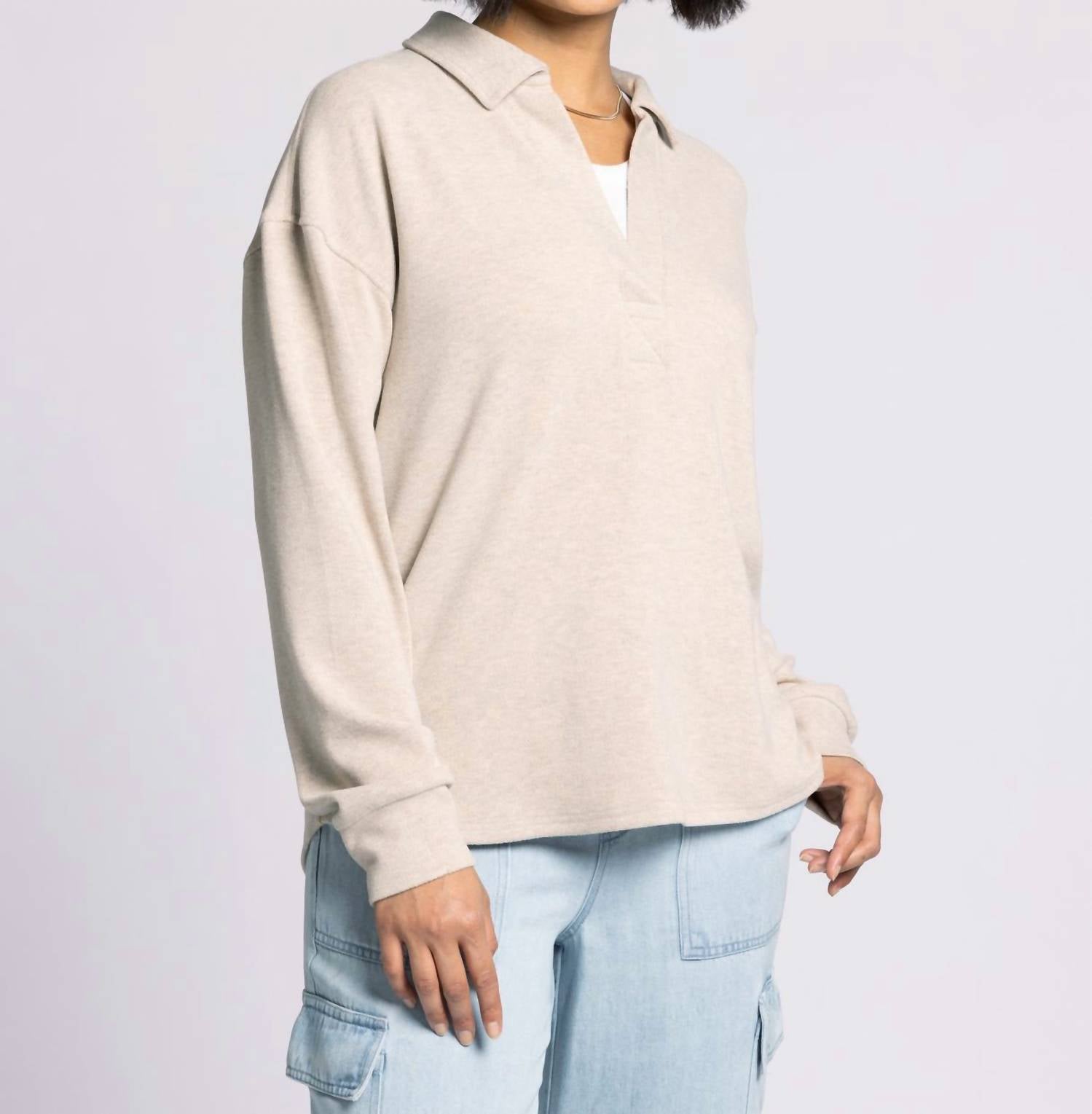 Thread & Supply Taylor Collar Top in heather stucco - women's long sleeve top - alternate view