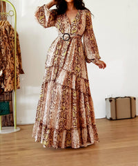 Little Secret Of Mine - Snake Print Maxi Dress With Slit And Long Sleeves