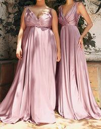Ladivine Long Satin V-neck Dress in mauve - women's dress - alternate view