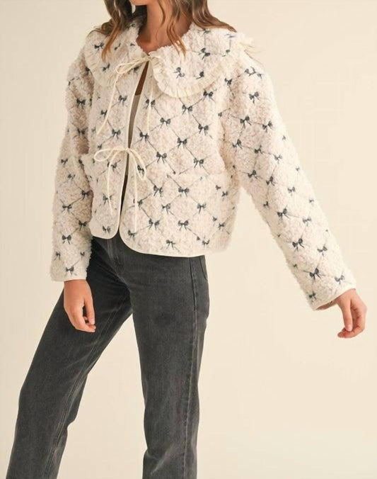 Mable - Bow Embroidered Quilted Sherpa Jacket