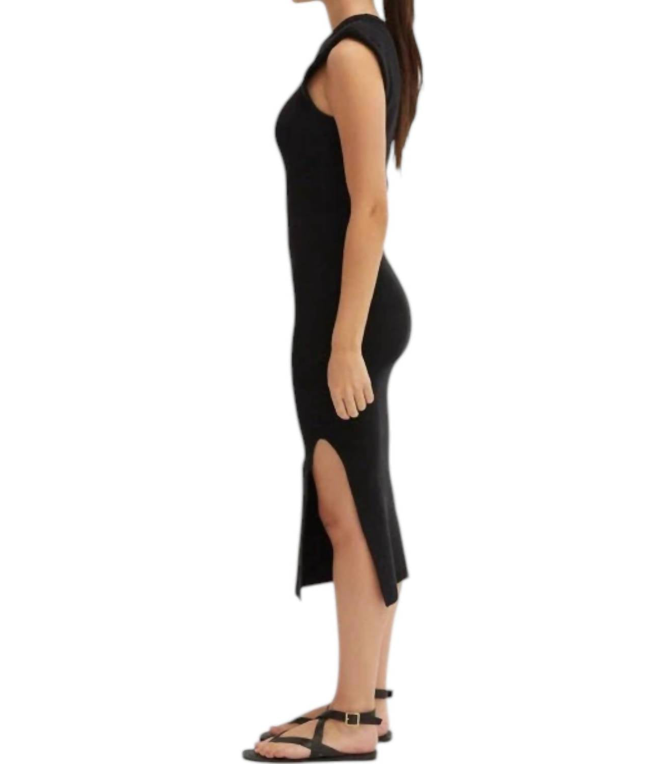 Crescent - Power Shoulder Ribbed Knit Maxi Dress