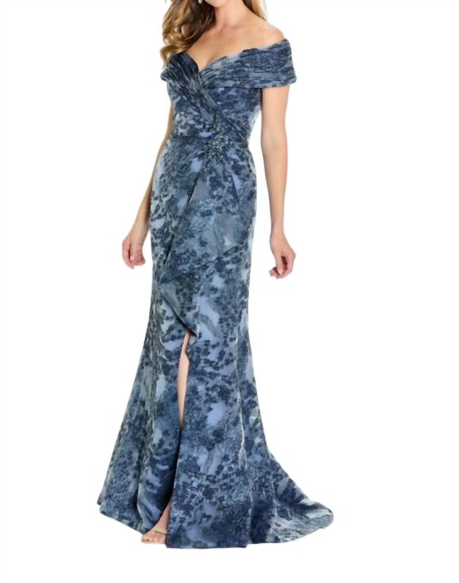 Montage by Mon Cheri Front Slit Off The Shoulder Dress in navy - women's dress