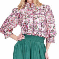 Joy Joy Woven Tapestry Ruffles Neck Blouse in floral - women's blouse