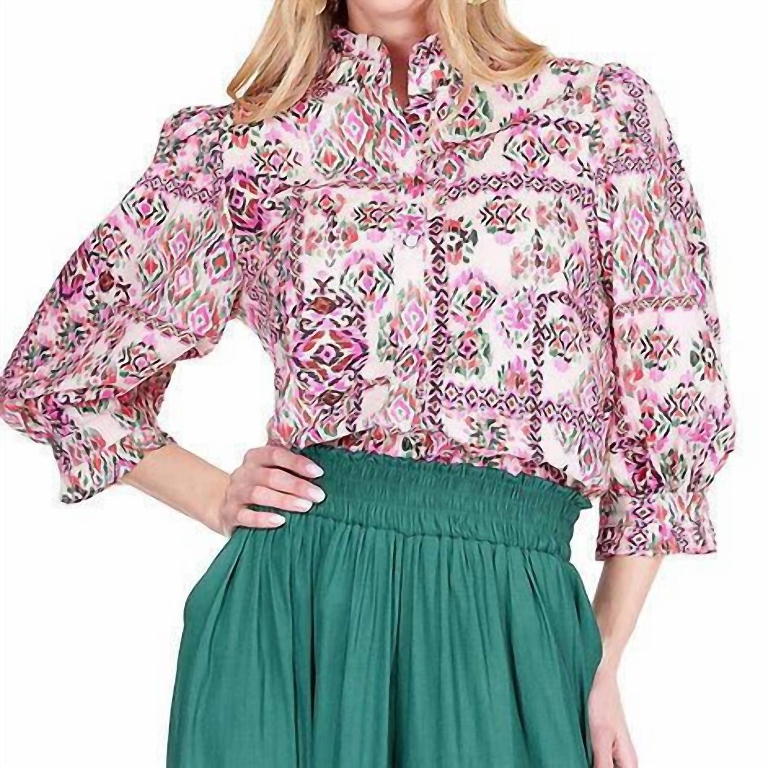 Joy Joy Woven Tapestry Ruffles Neck Blouse in floral - women's blouse