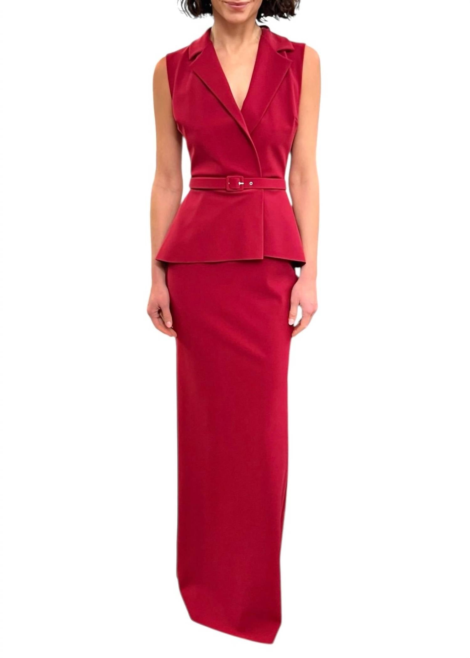CHIARA BONI Women's Thadira Belted Peplum Column Gown in garnet - women's dress