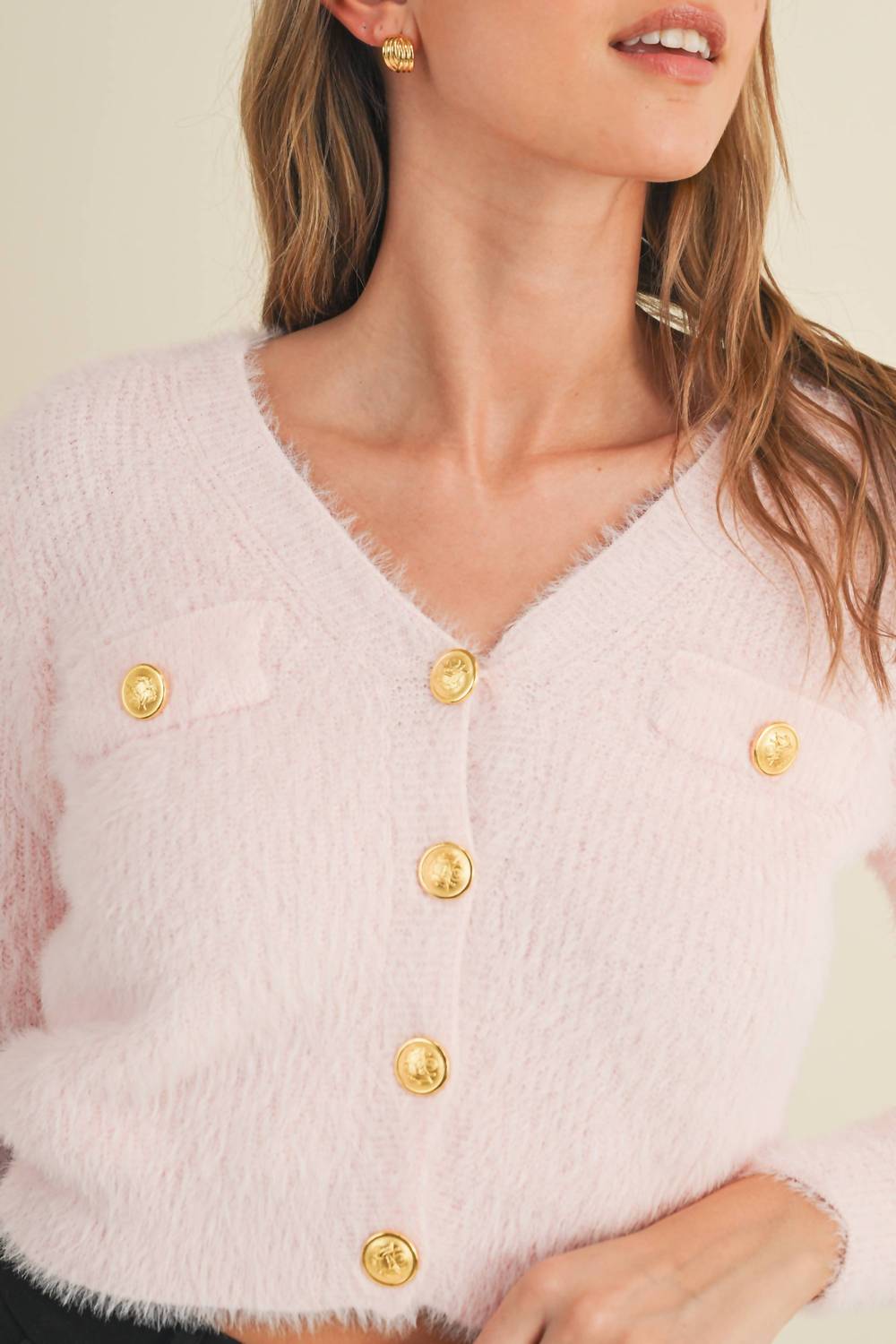 Cloud Ten Fuzzy Knit Crop Cardigan in light pink - women's cardigan - alternate view