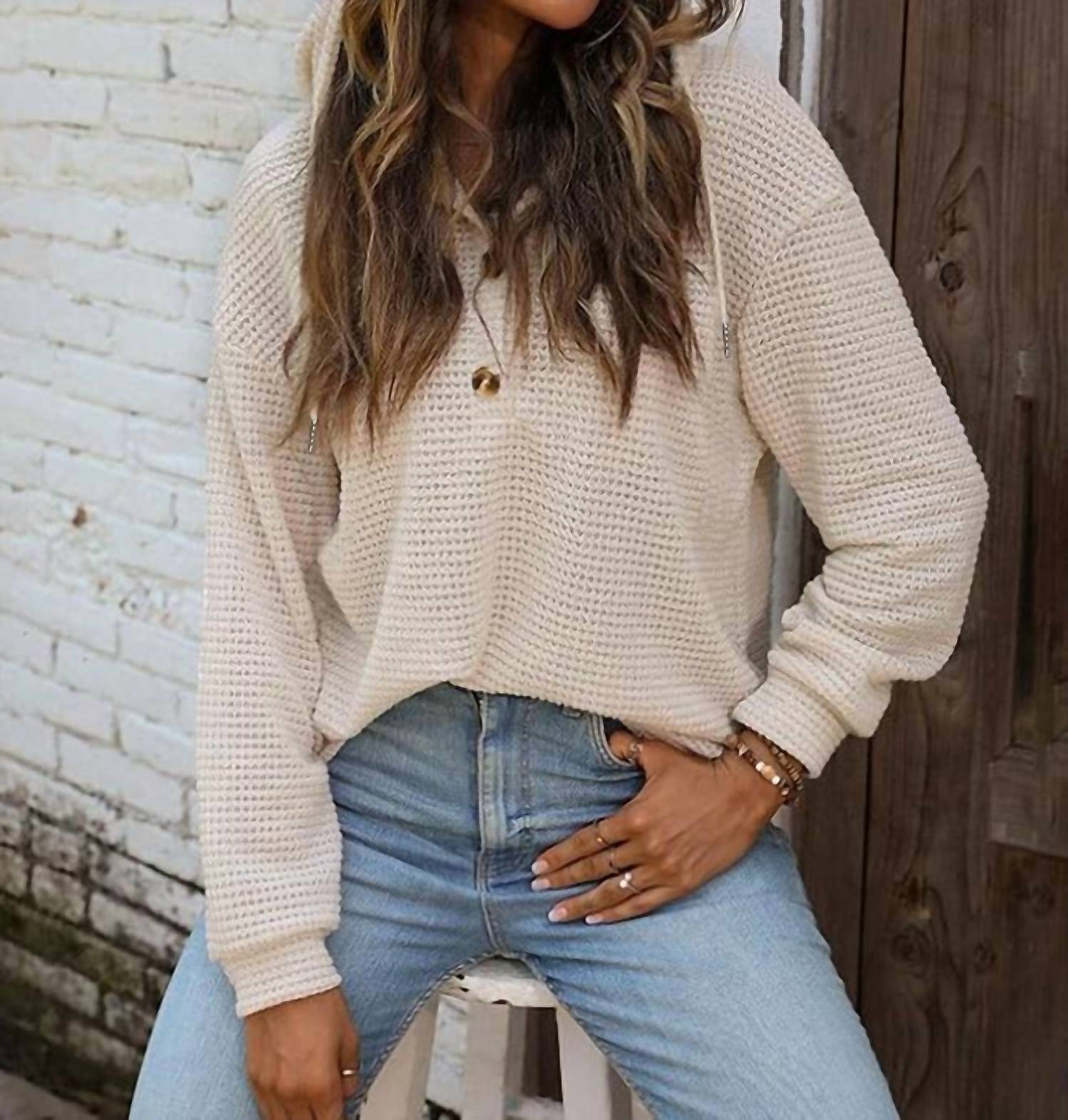 Lily Clothing Waffle Button-up Hoodie Pullover in apricot - women's top - alternate view