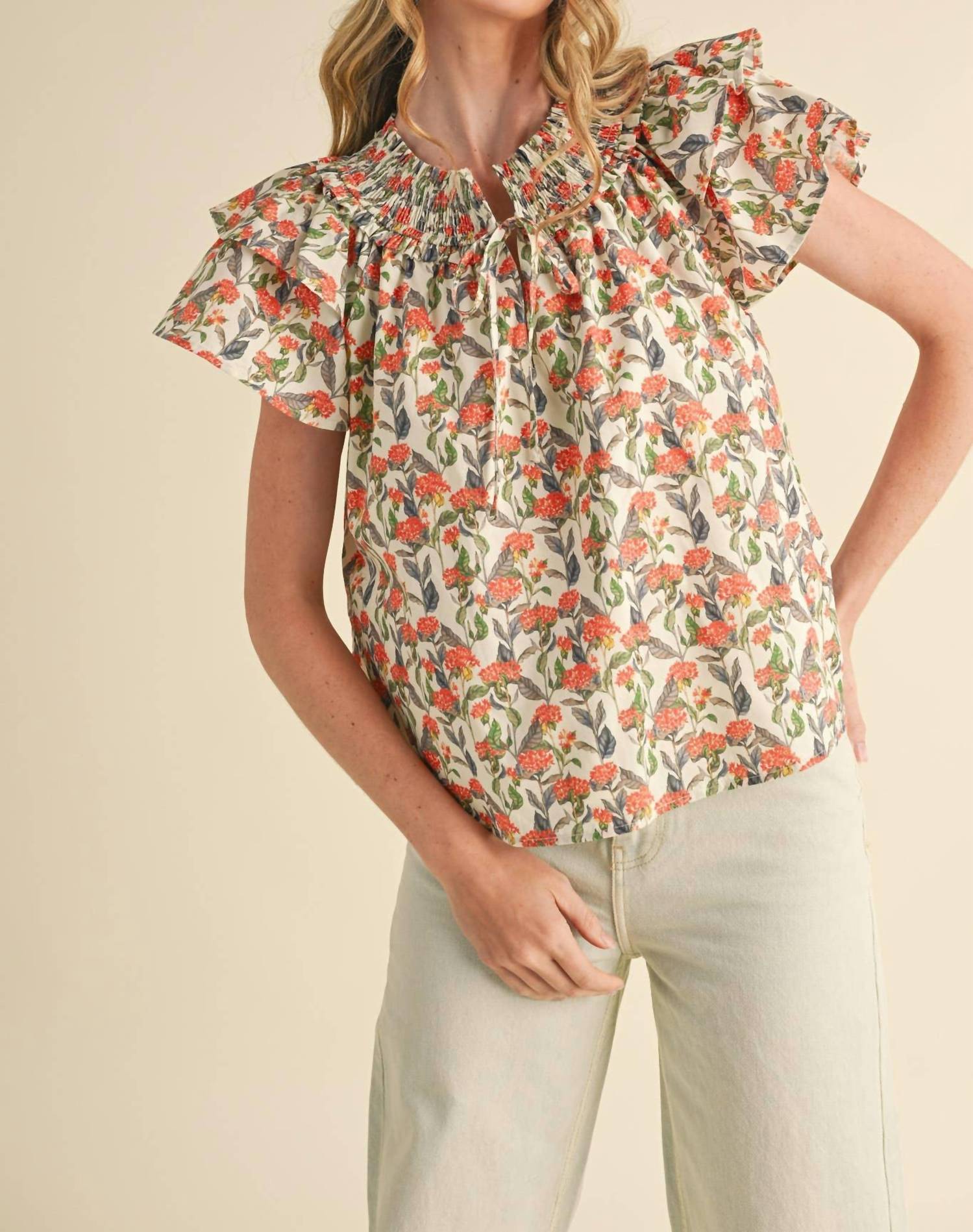 &merci Floral Flutter Sleeve Blouse in ivory - women's blouse - view 5