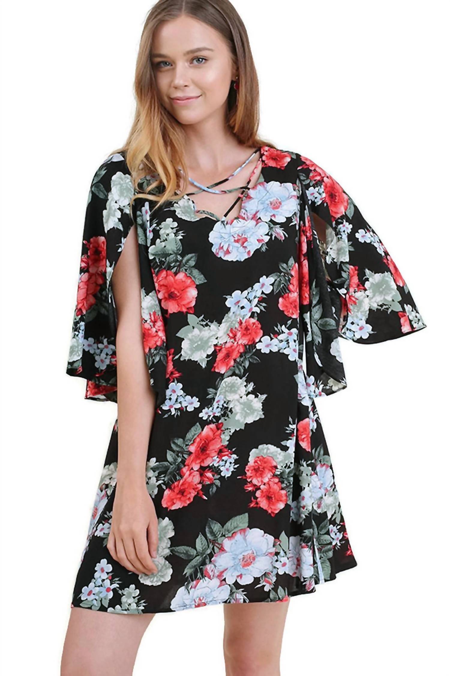 Umgee - Floral Split Bell Sleeve Dress