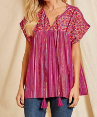 Andree By Unit - Striped Babydoll Embroidered Top