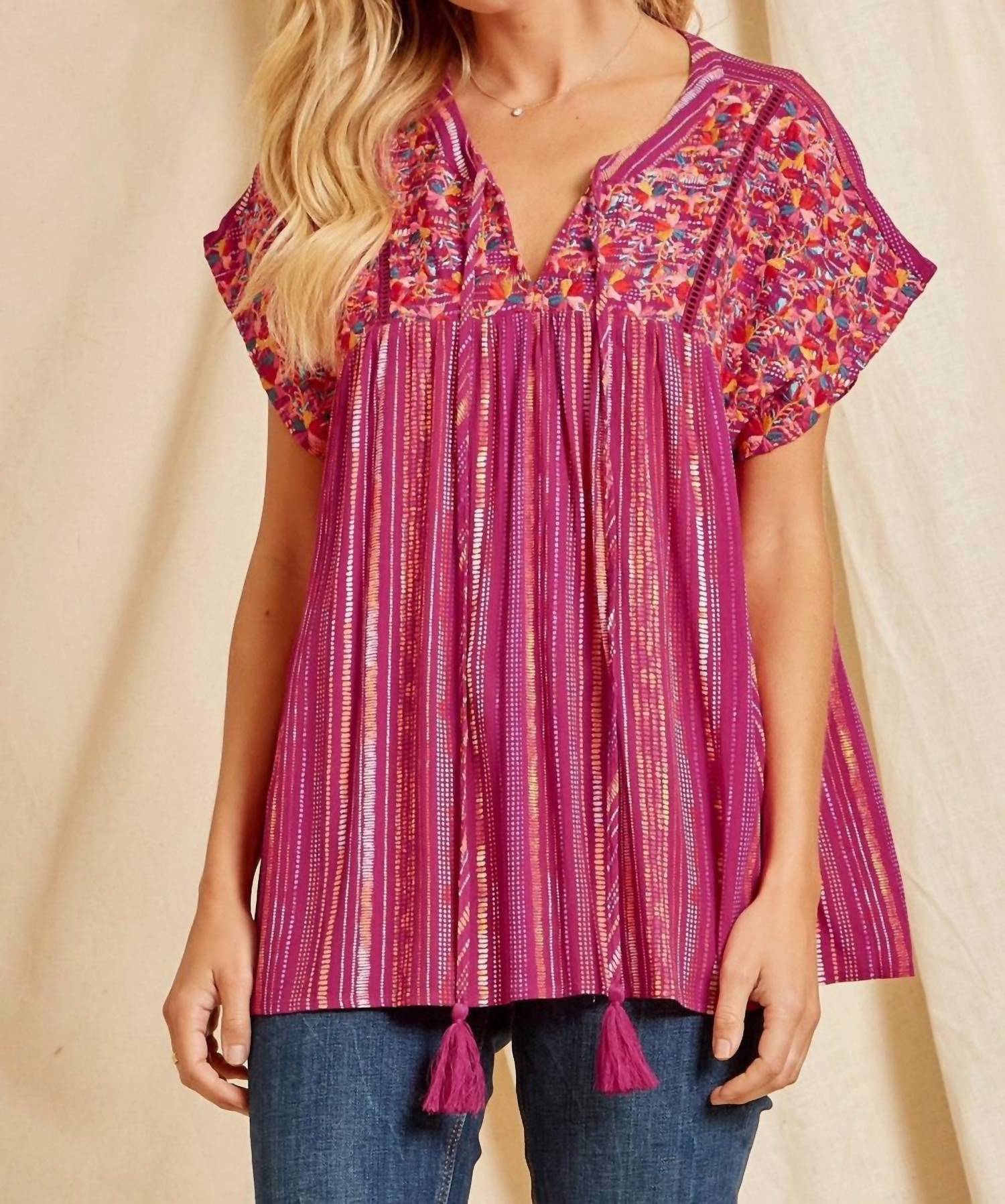Andree By Unit - Striped Babydoll Embroidered Top