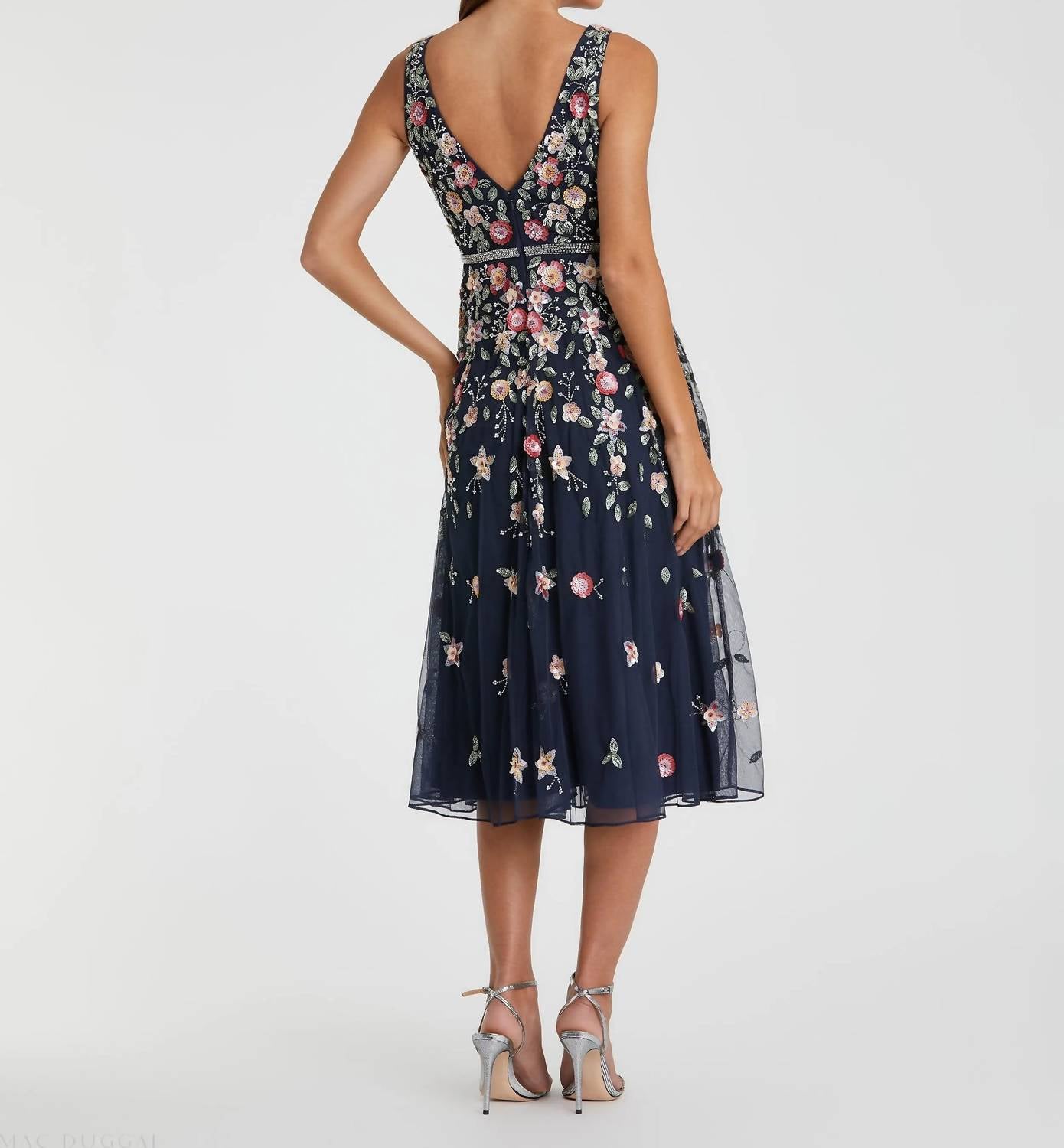 Mac Duggal - V-neck Sleeveless Midi Floral Beaded A-line Dress