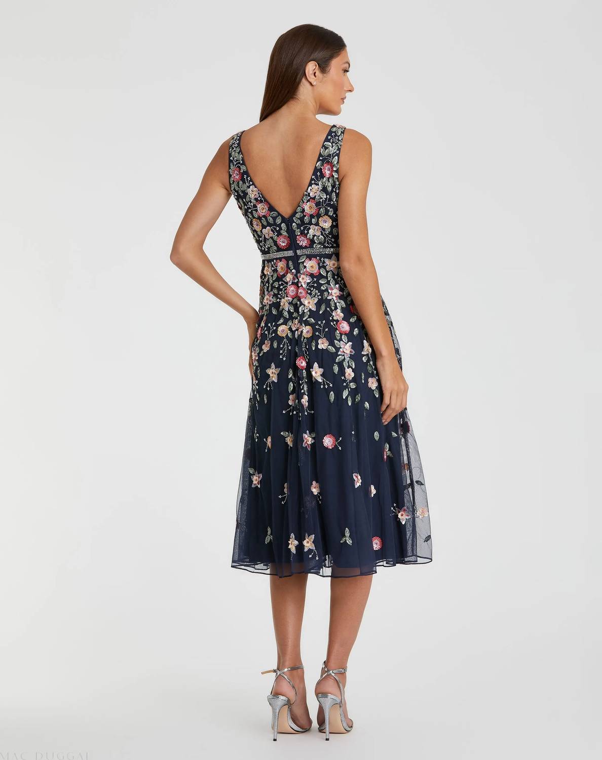 Mac Duggal - V-neck Sleeveless Midi Floral Beaded A-line Dress