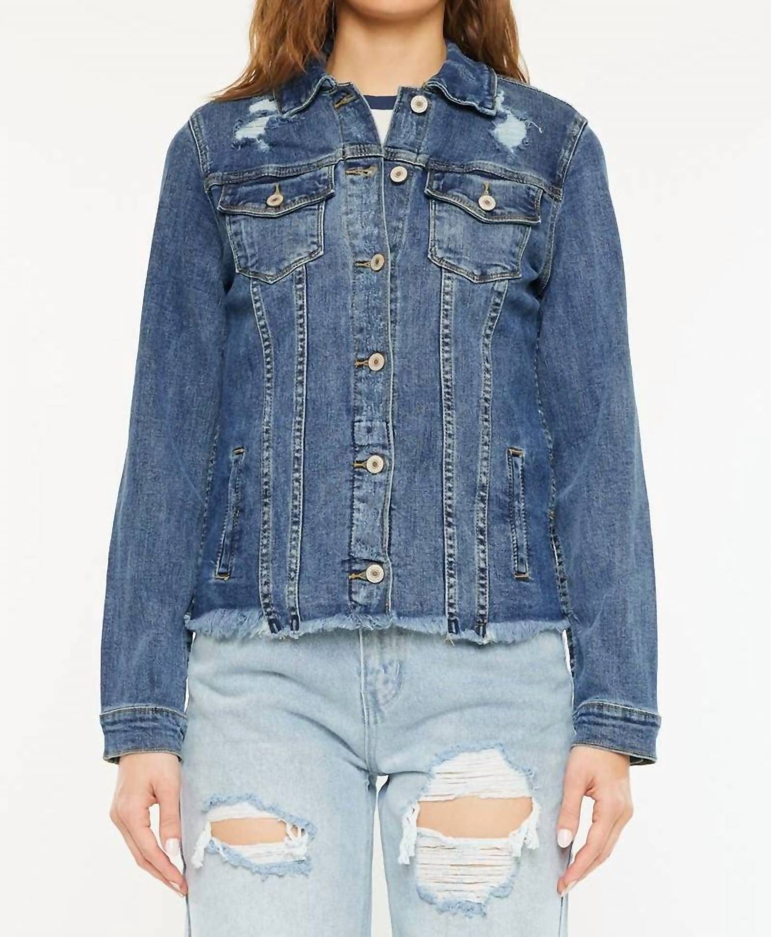 KanCan Fray Hem Denim Jacket in dark wash - women's jacket - alternate view