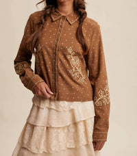 Listicle Caspia Embroidered Western Shirt in brown - women's blouse - detail view