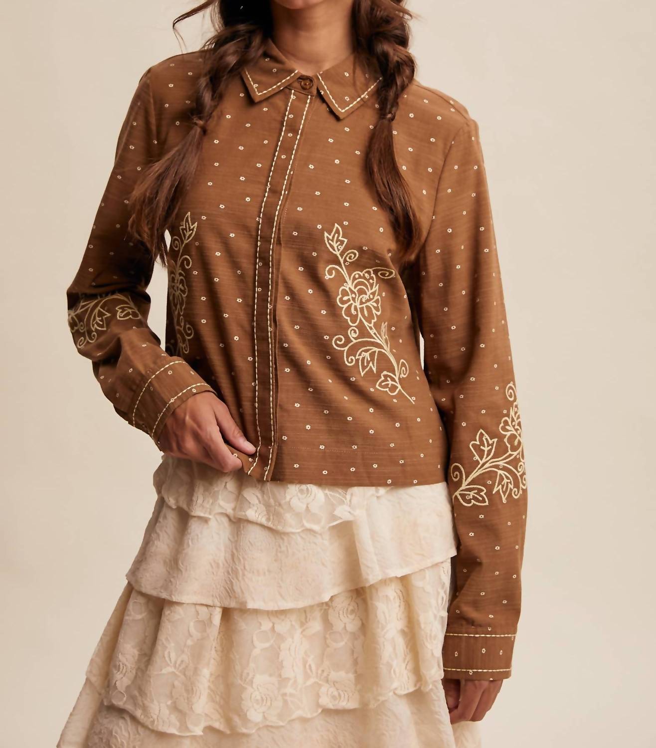 Listicle Caspia Embroidered Western Shirt in brown - women's blouse - detail view