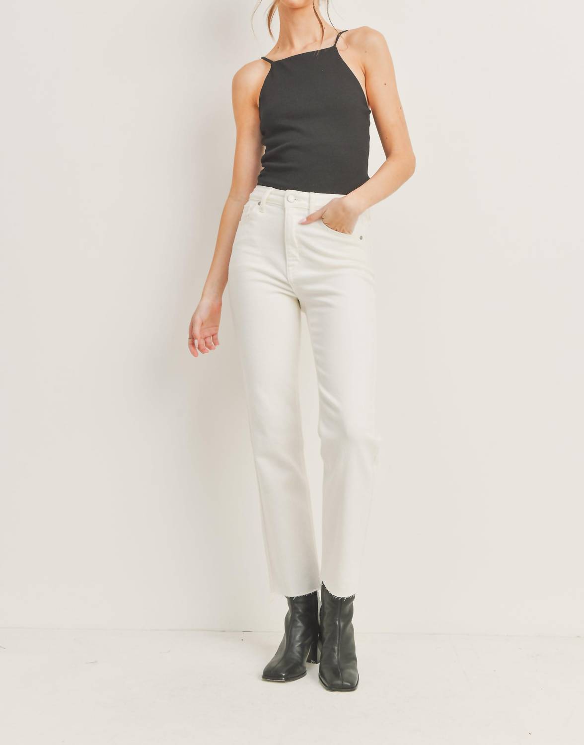 JUST BLACK DENIM Cynthia Cut Off Straight Jeans in cream - women's jeans