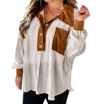 Blue Buttercup Contrast Suede Top in tan white - women's long sleeve top - alternate view
