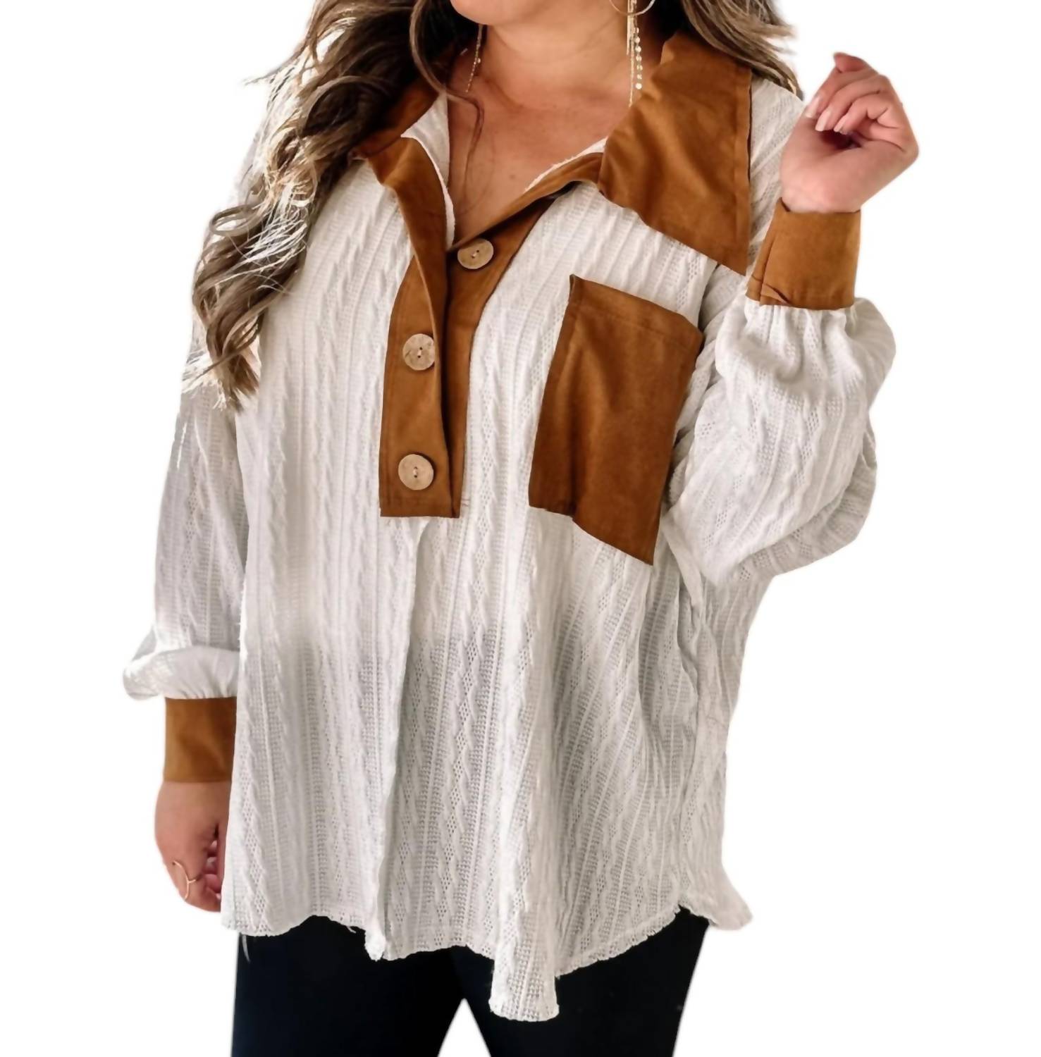 Blue Buttercup Contrast Suede Top in tan white - women's long sleeve top - alternate view