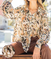 Ee:Some - Greely Watercolor Print Button Down Blouse - Curvy