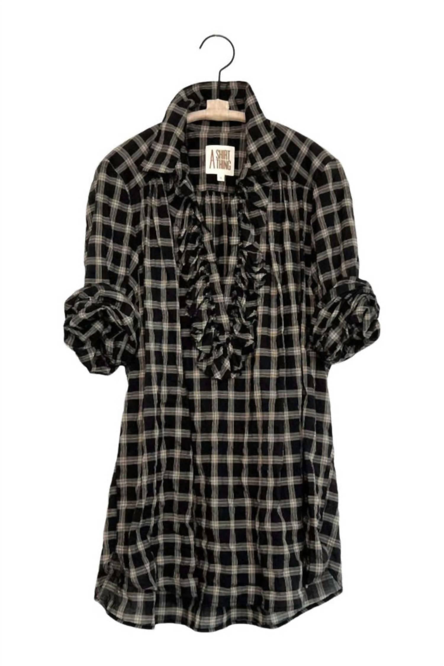 A SHIRT THING Women's Celine Ruffled Front Blouse in black plaid - women's blouse