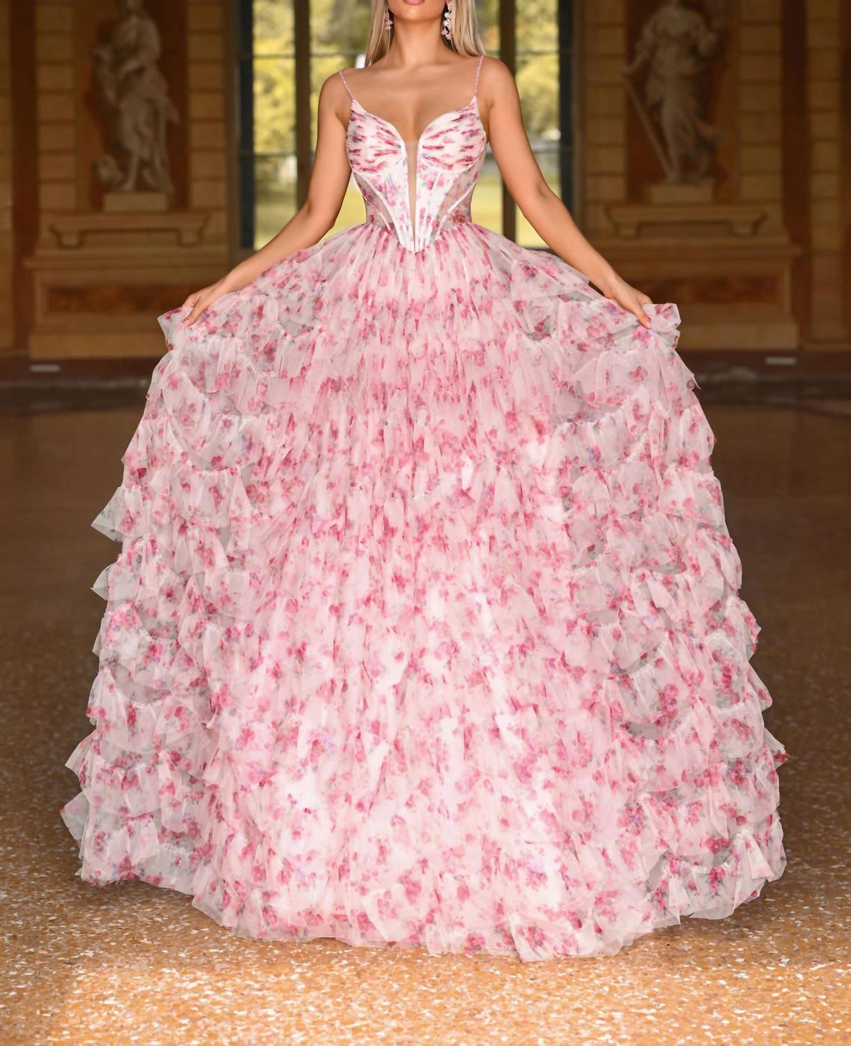 Alyce Paris - Long Plunging Neckline Ruffled Ballgown