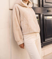 Attentif Hooded Faux Fur Coat in beige - women's jacket - detail view