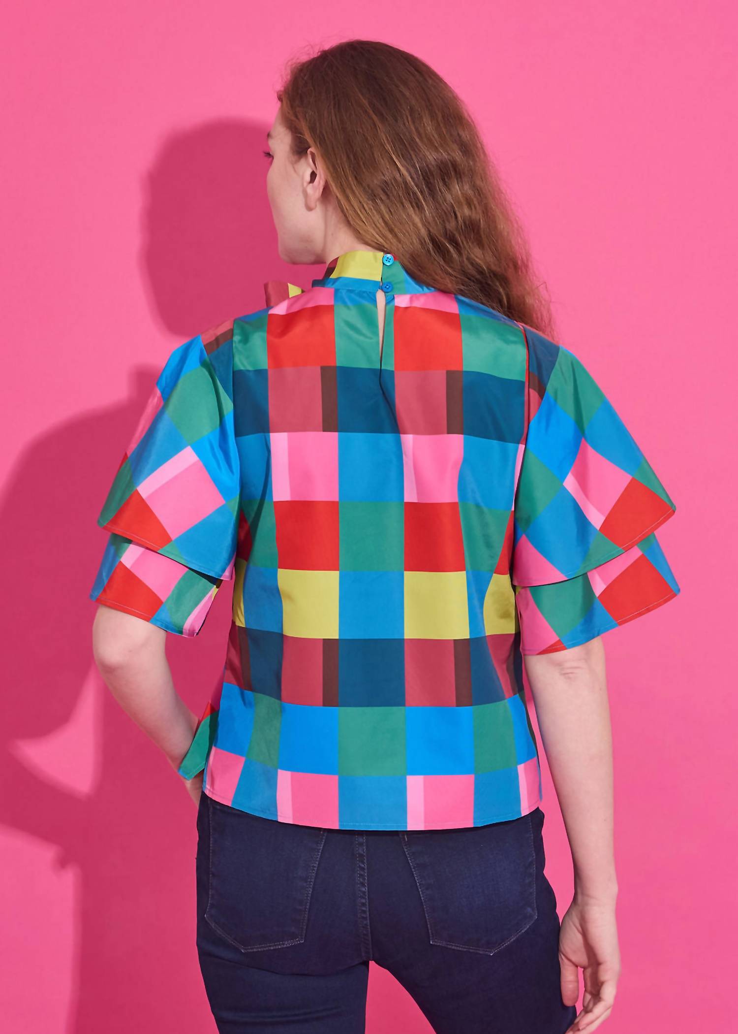 Alden Adair Heddy Mock Neck Top in holiday check - women's blouse - detail view