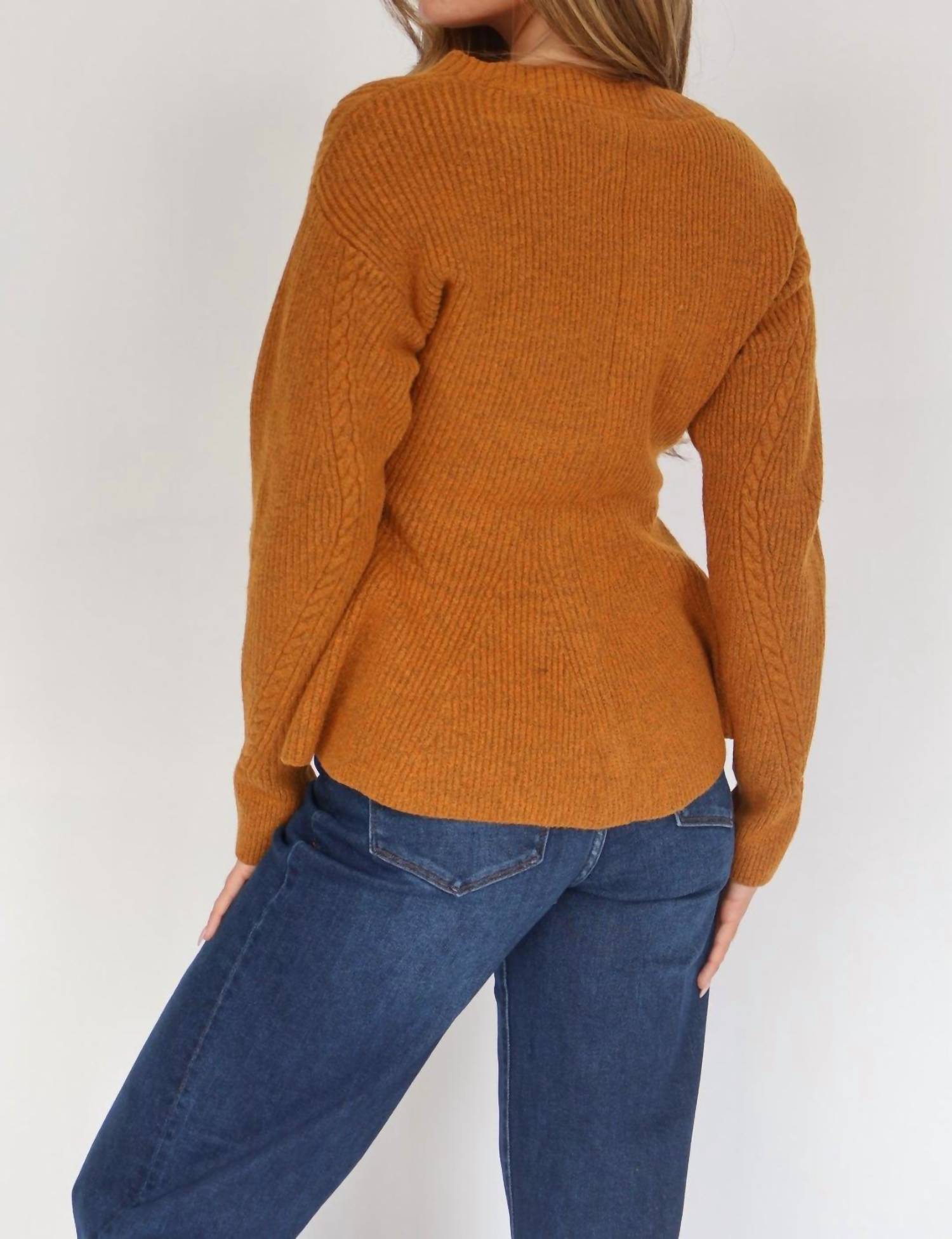 STEVE MADDEN Courtney Peplum Button Front Cardigan in pumpkin spice - women's cardigan - detail view
