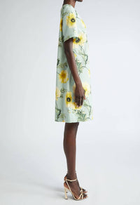 Oscar De La Renta - Short Sleeve Jewel Neck Poppies Cotton Poplin Shift Dress