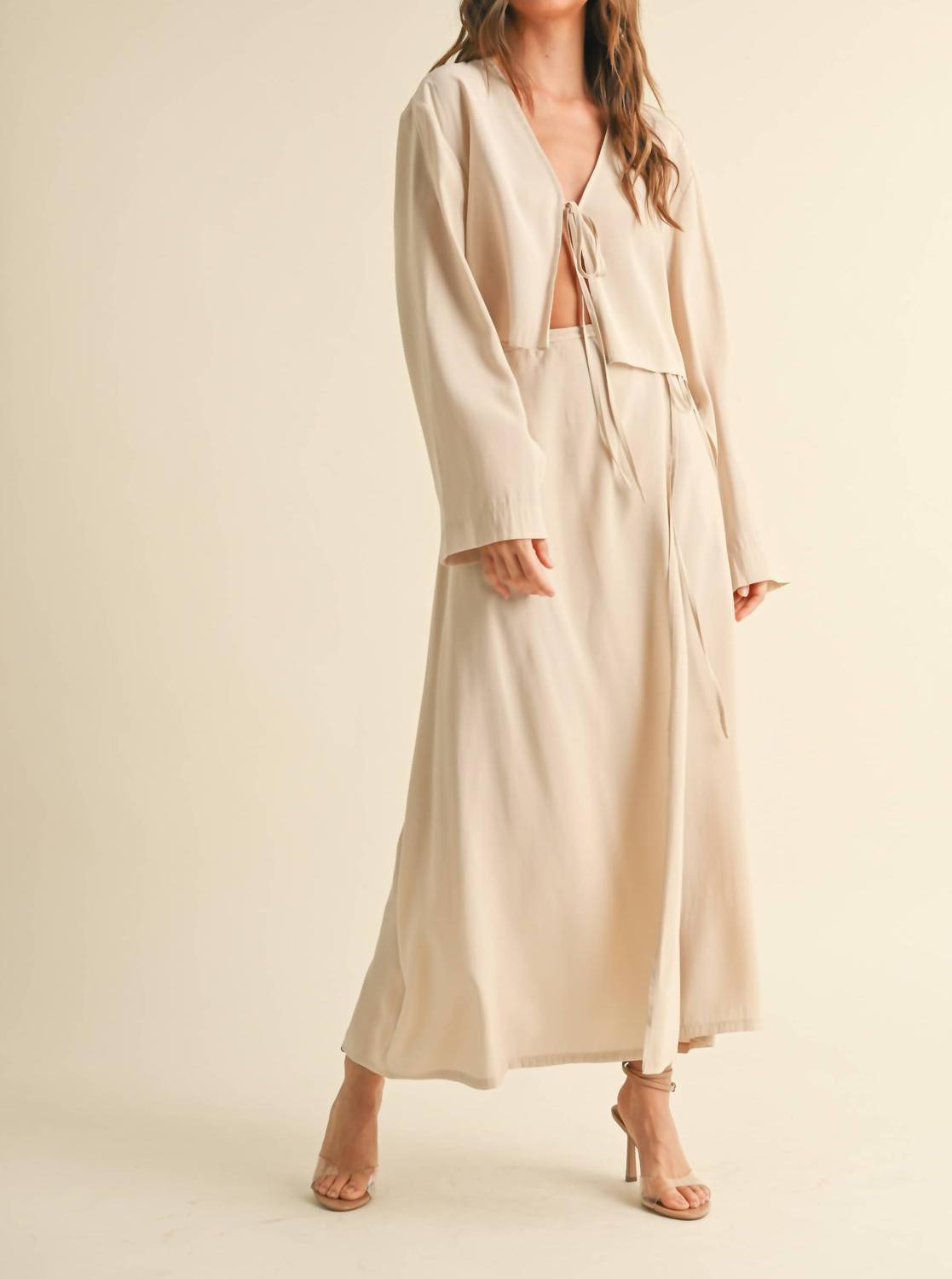 MIOU MUSE Tencel Long Wrap Skirt in beige - women's skirt - detail view