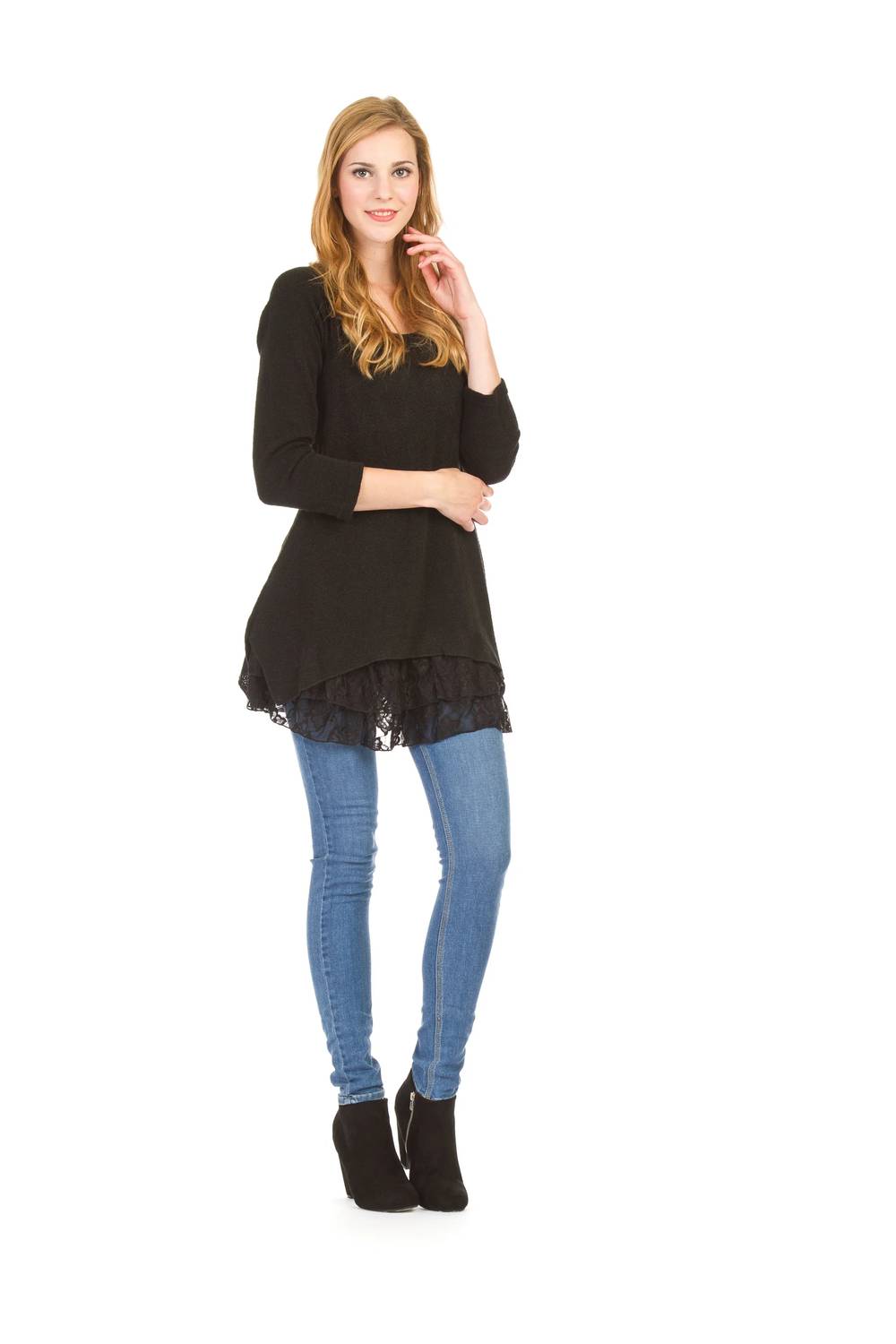 Papillon - Lace Layered Hem Long Sleeve Tunic