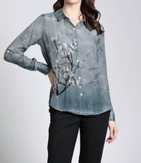 APNY Blossom Print Button Up With Roll Sleeve Shirt in graphite plum - women's shirt