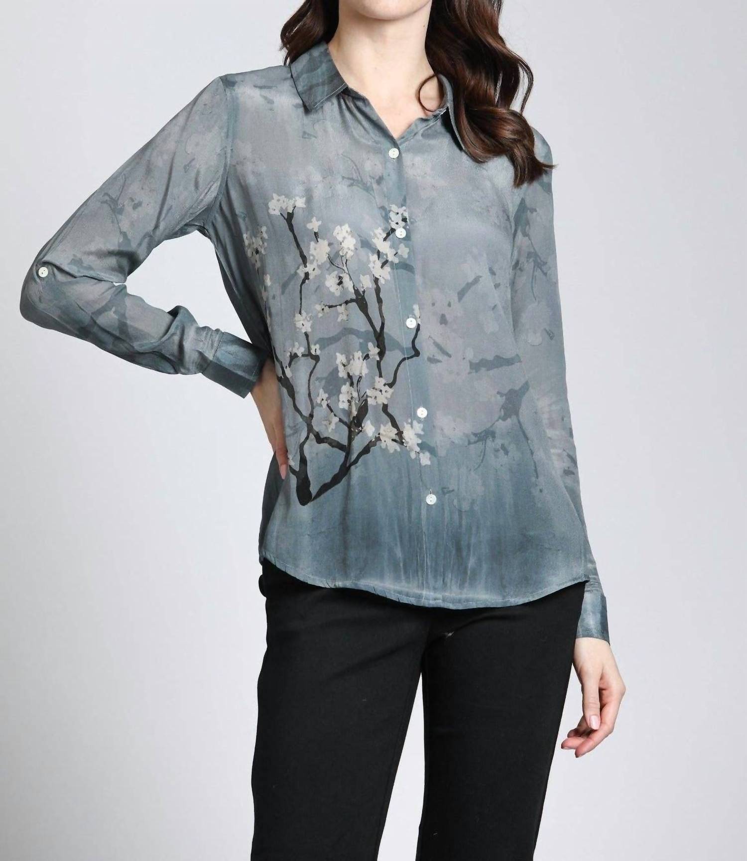 APNY Blossom Print Button Up With Roll Sleeve Shirt in graphite plum - women's shirt