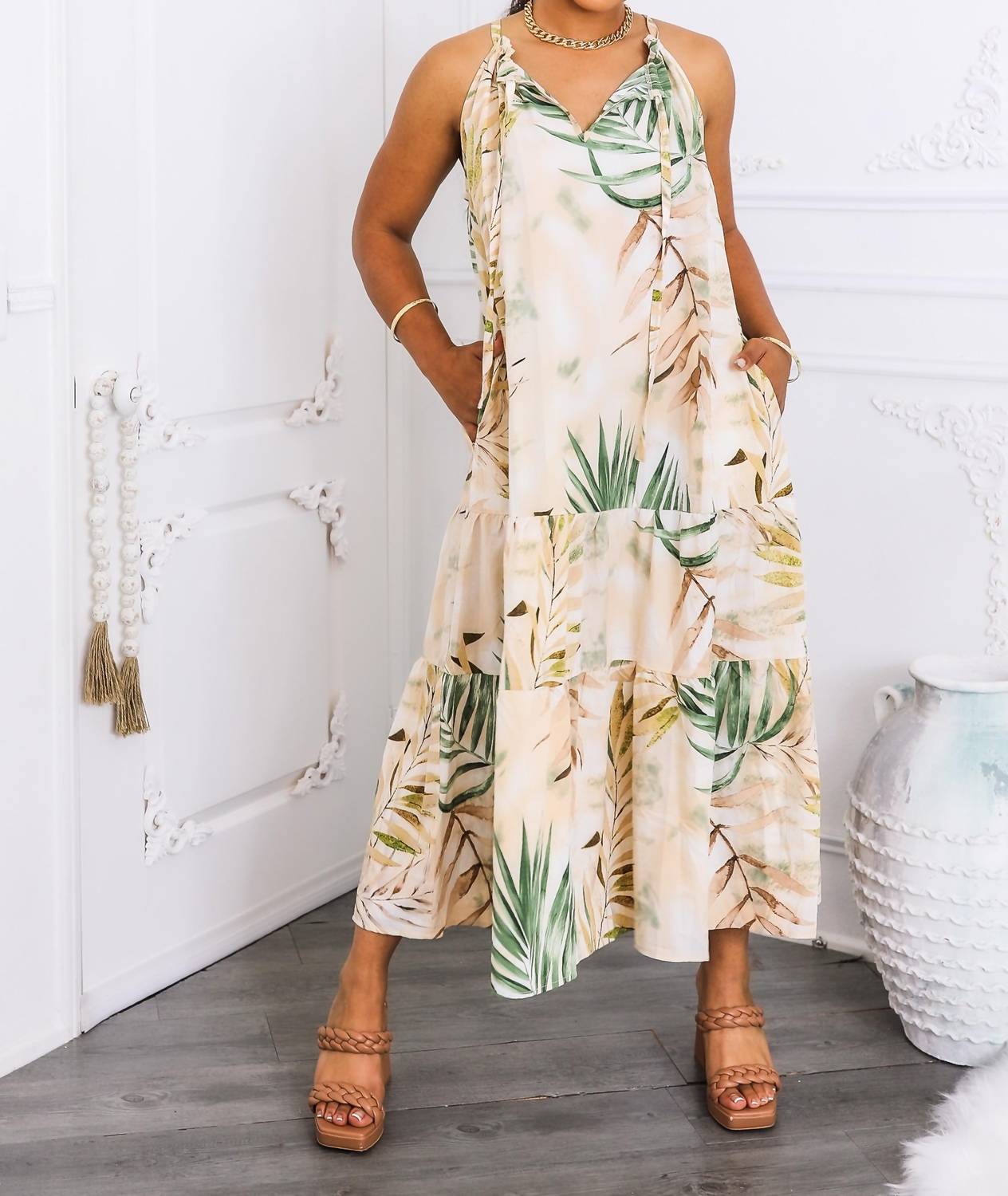 Surelymine - Tropical Palm Tiered Maxi Dress