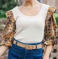 Voy - Floral Embroidered Short Puff Sleeve Ribbed Knit Top