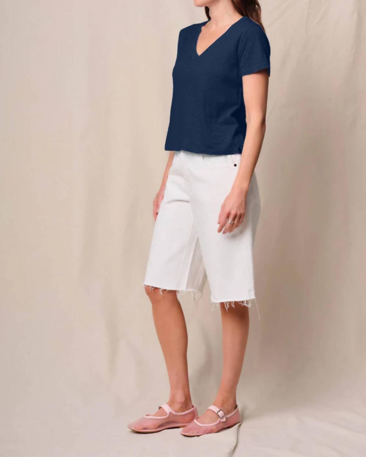 STATESIDE Supima Slub Jersey Short Sleeve V-neck Tee in new navy - women's t-shirt - detail view