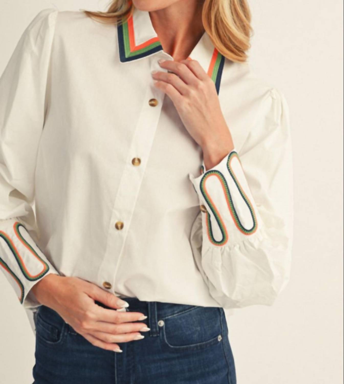 Jodifl - Winslow Embroidery Accent Button Down Blouse