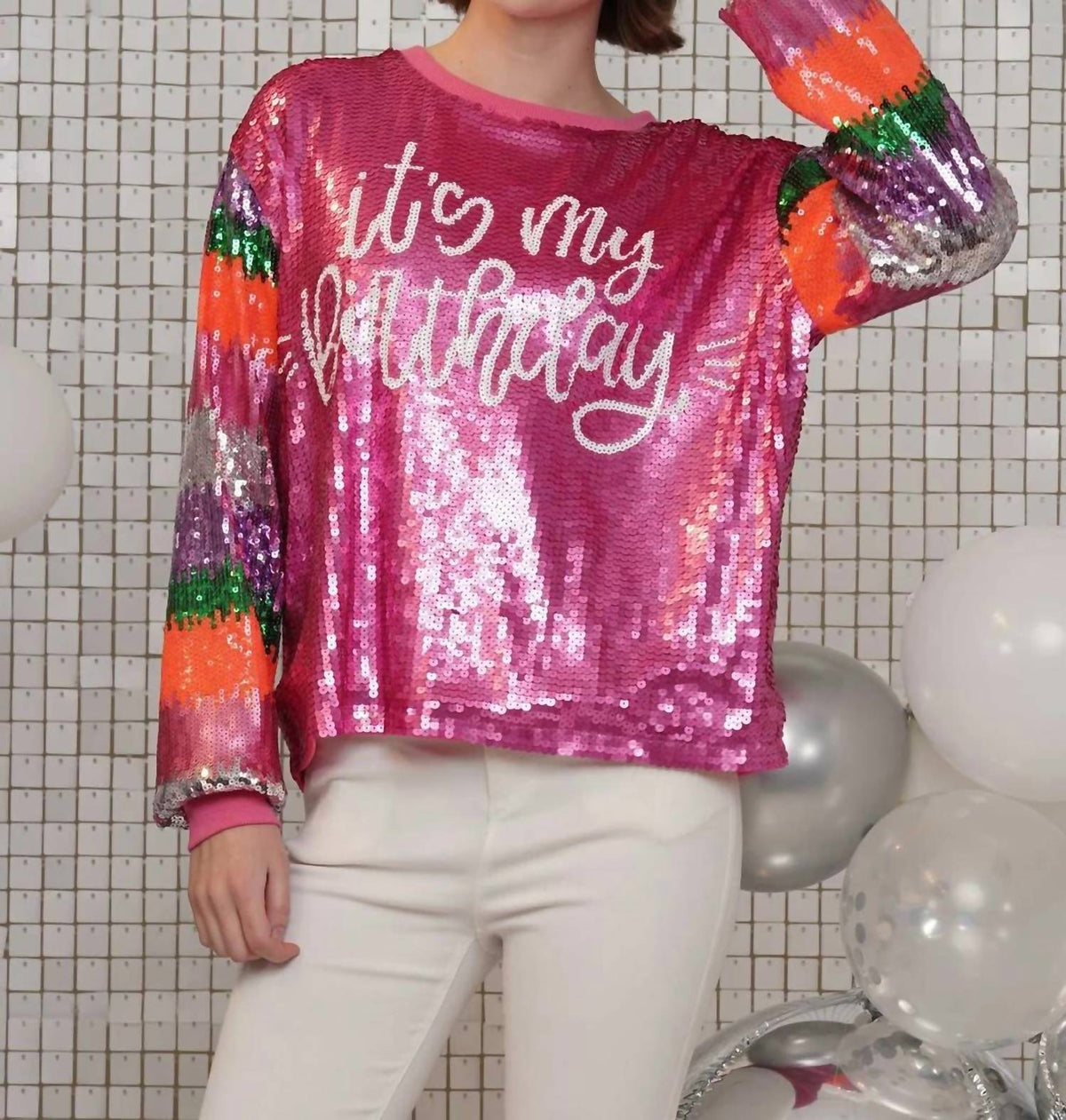 Why Dress - It's My Birthday Striped Long Sleeve Sequin Top