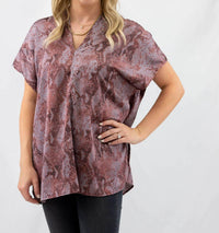 ADRIENNE V-neck Snake Print Top in purple burgundy - women's t-shirt