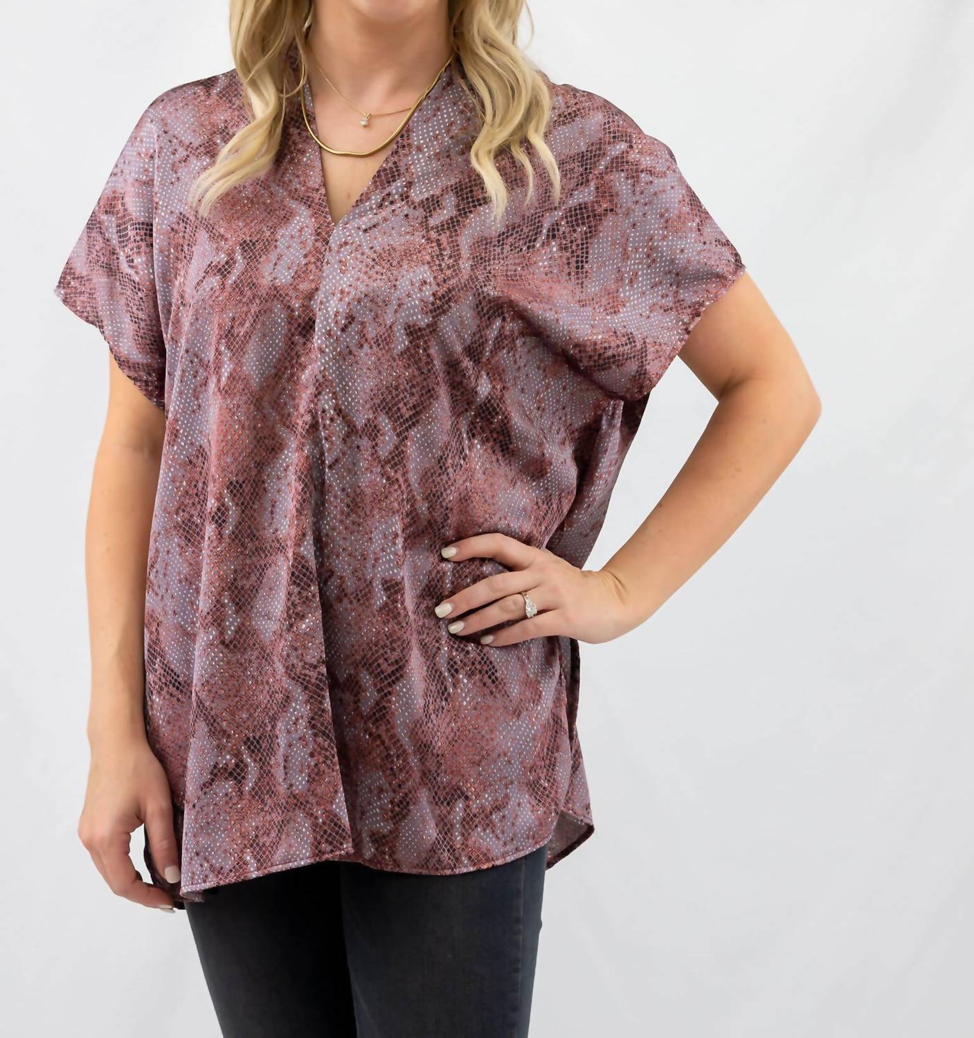 ADRIENNE V-neck Snake Print Top in purple burgundy - women's t-shirt