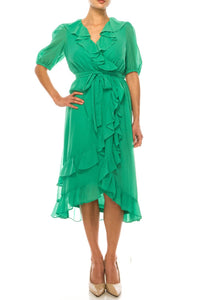 Maison Tara - Ruffle Sleeve Hi-lo Faux Wrap Midi Dress